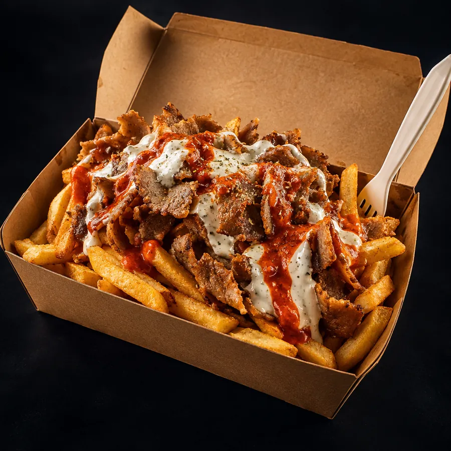 Caja de patatas fritas cubierta de carne de kebab y salsas
