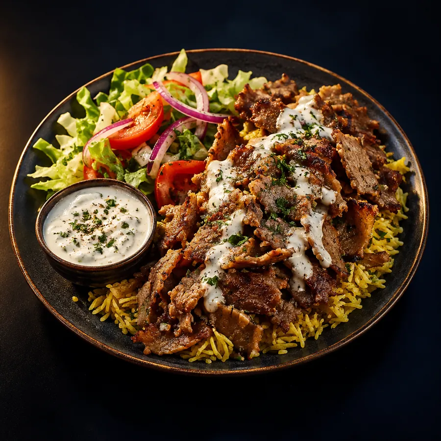 Plato de kebab con arroz amarillo, ensalada y salsa