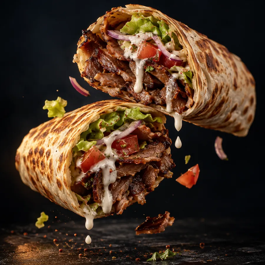 Kebab en rollo con carne, lechuga, tomate y salsa blanca